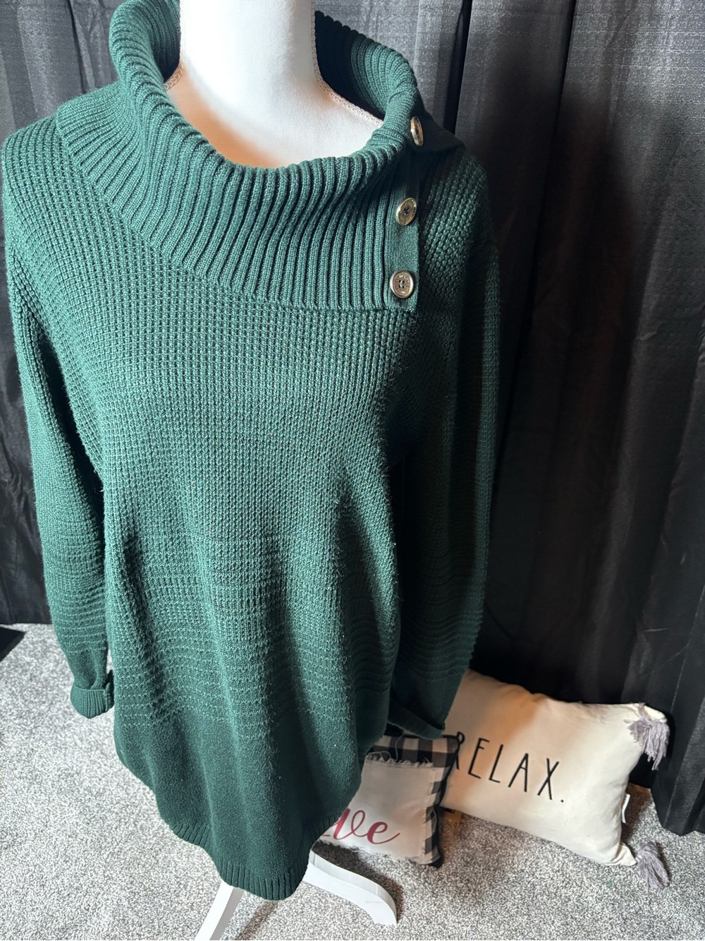 Calvin Klein Dark Green Button-Trim Cowl Sweater
